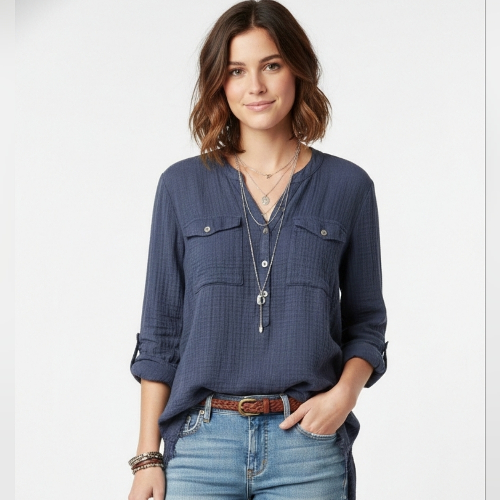 Free People Blue Plaid Blouse Peasant Boho Fringe Festival Grunge Hippie S